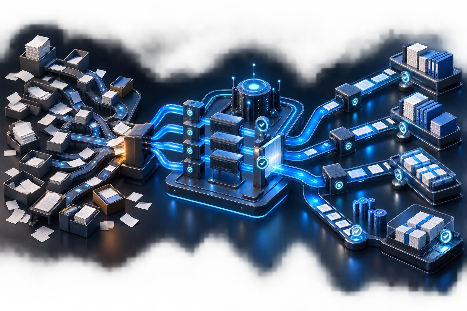 A manual process transformed through a monitored automation system into orderly completed work and evidence